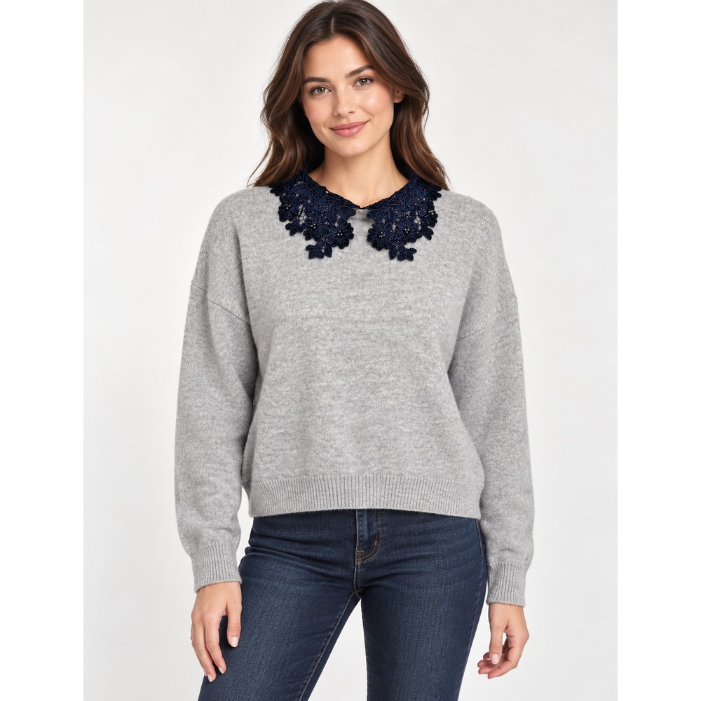 Ellen Tracy Sweater Grey Knit Black Lace Peter Pan Collar XL Kawaii Coquette